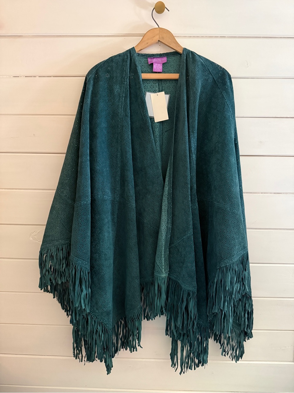 NWT VINTAGE Suzanne Somers Leather Fringe Poncho Cape Shawl Teal BOHO WESTERN